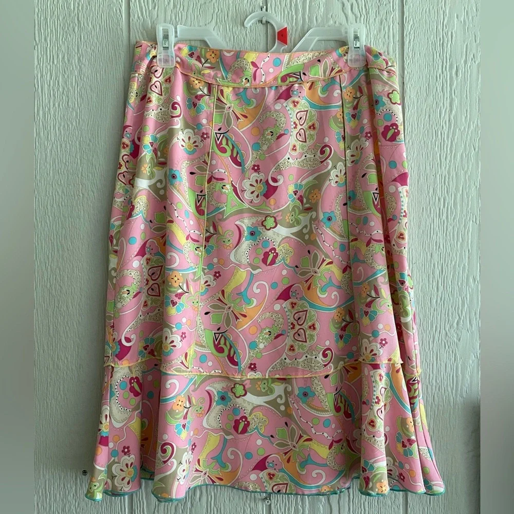 Y2K Sag Harbor Women Pink Multicolor Paisley Floral Knee Length Summer Skirt 12 - Picture 1 of 12
